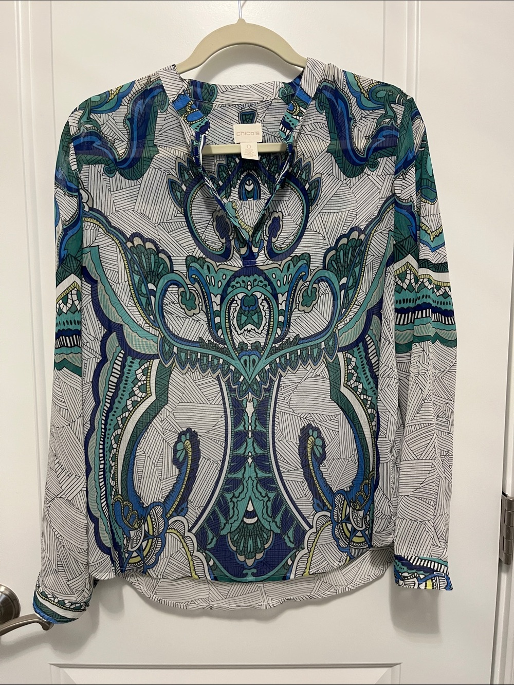 Chico's Teal, Blue & Green Paisley-Print Long-Sleeve Blouse